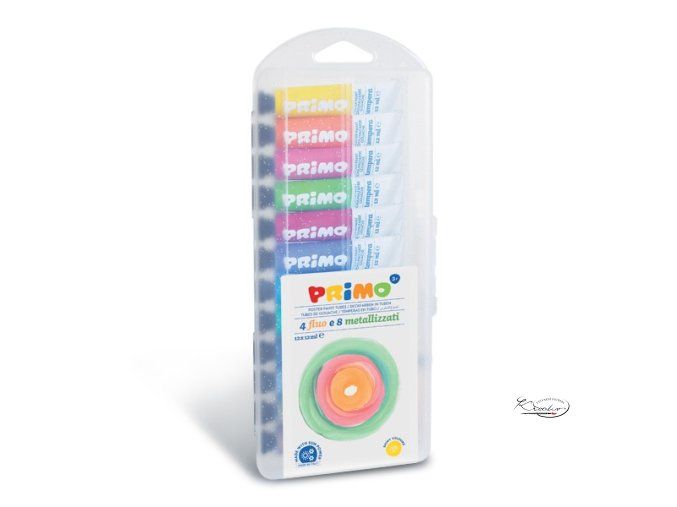 Temperové barvy Primo 12x12ml / 8x metalické + 4x fluo